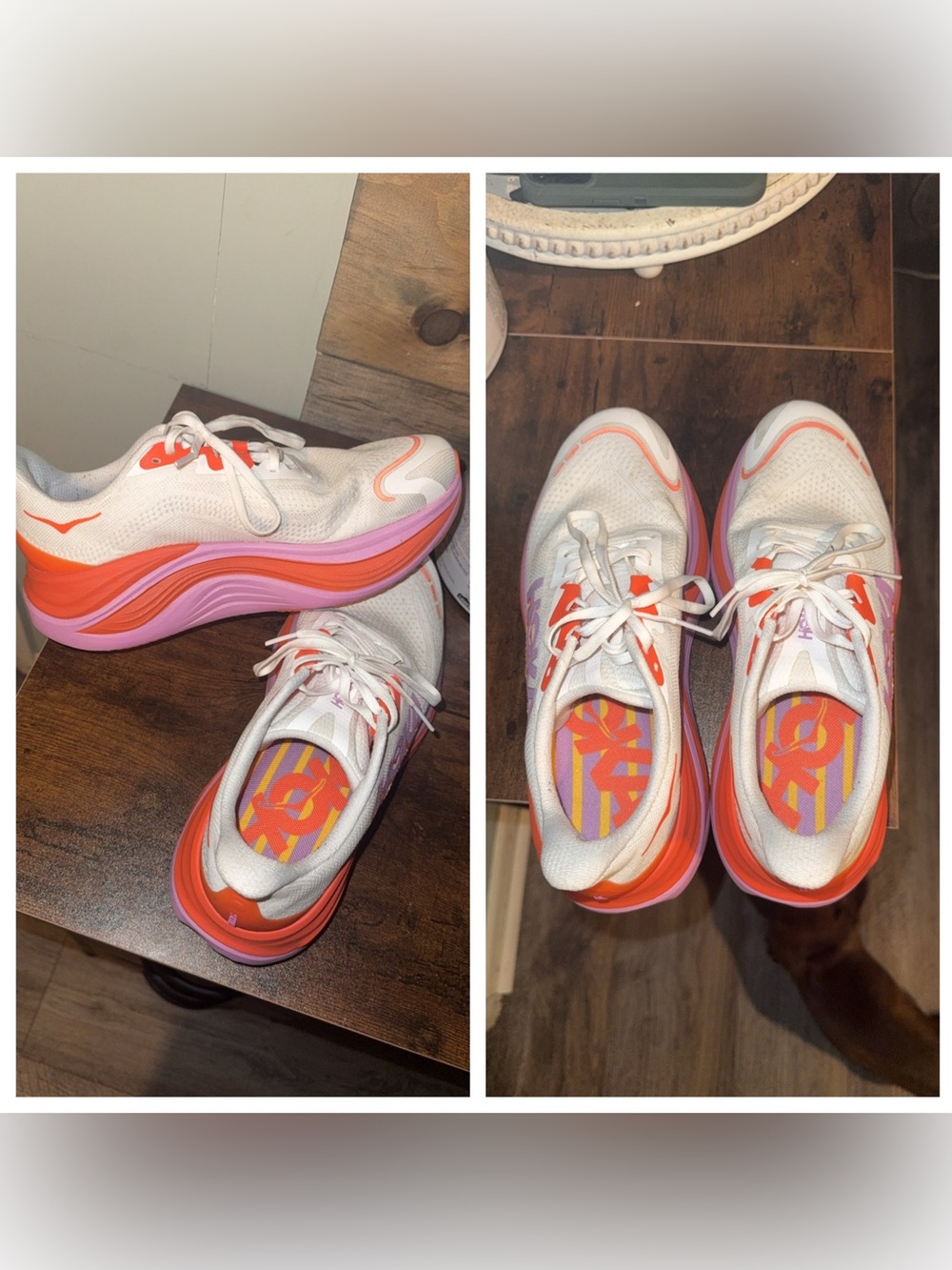 Hoka One One Women's White Running Shoes with Pink and Orange Accents